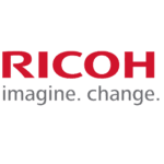 Logo Ricoh en caractères rouges gras sur fond transparent, représentant la marque mondiale connue pour ses produits d'imagerie et d'électronique.