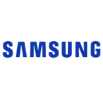 Logo Samsung en caractères bleus gras sur fond blanc, représentant la célèbre marque d'électronique et de technologie.